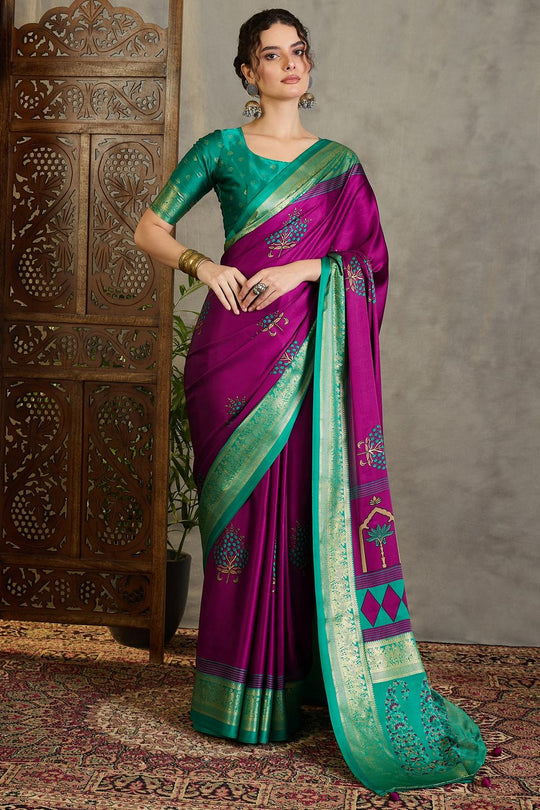 Sheila Wine Soft Modal Floral Printed &amp; Zari Woven Ready to Wear One Minute Saree