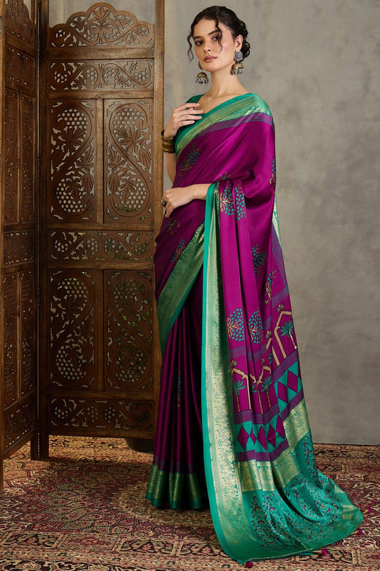 Sheila Wine Soft Modal Floral Printed &amp; Zari Woven Ready to Wear One Minute Saree