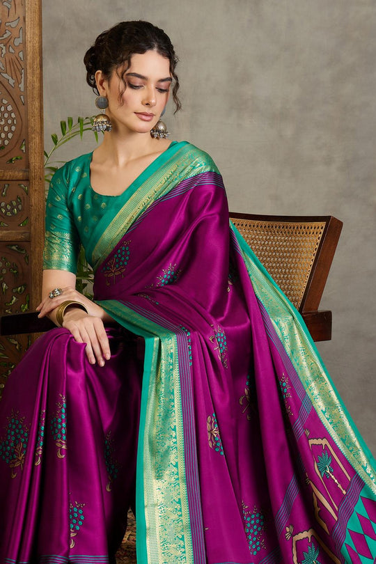 Sheila Wine Soft Modal Floral Printed &amp; Zari Woven Ready to Wear One Minute Saree