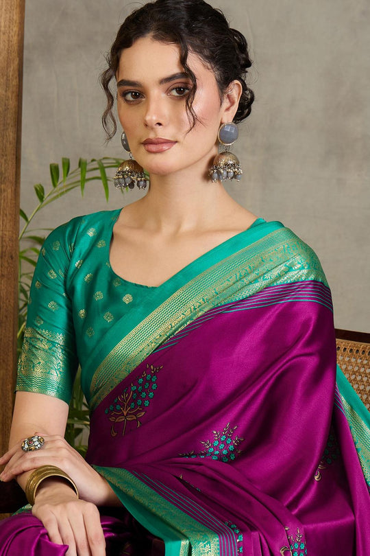 Sheila Wine Soft Modal Floral Printed &amp; Zari Woven Ready to Wear One Minute Saree