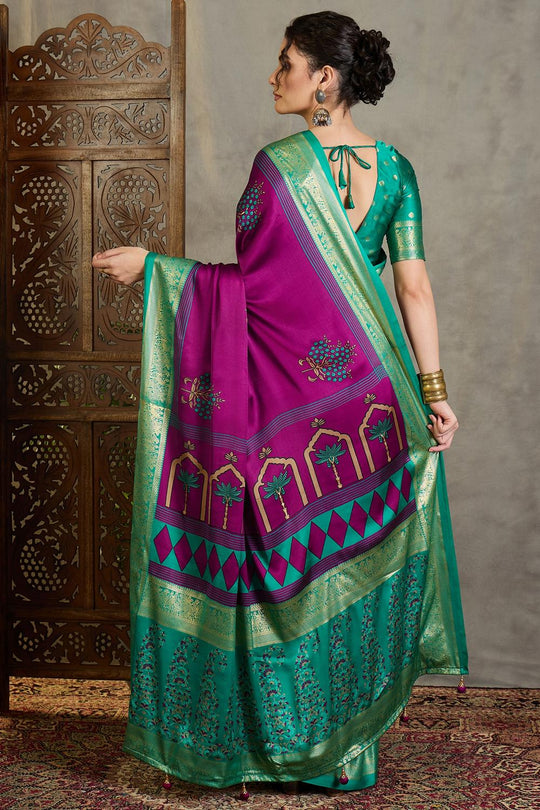 Sheila Wine Soft Modal Floral Printed &amp; Zari Woven Ready to Wear One Minute Saree