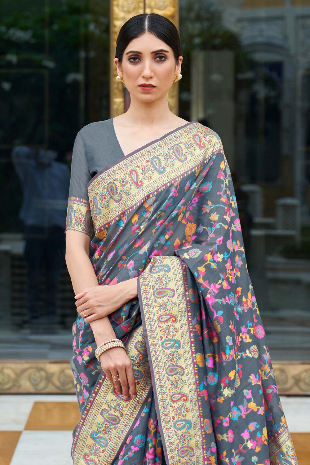 Katrina Grey Modal Handloom Weaving Silk One Minute Saree