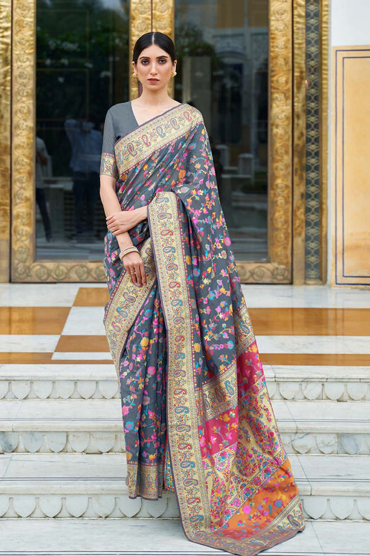 Katrina Grey Modal Handloom Weaving Silk One Minute Saree