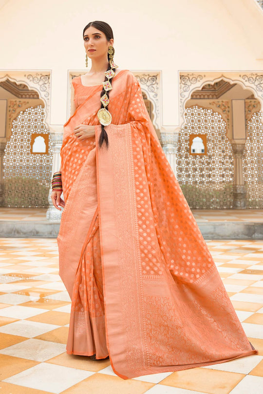 Katia Orange Georgette Handloom Weaving One Minute Saree