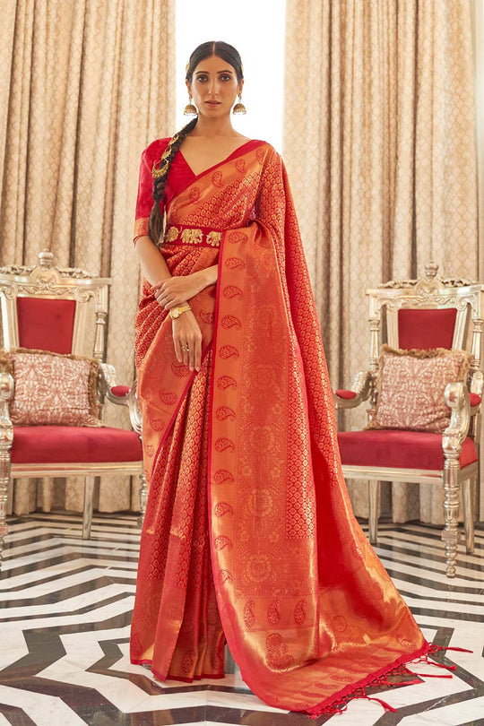 Abbey Red Silk Handloom Weaving One Minute Saree