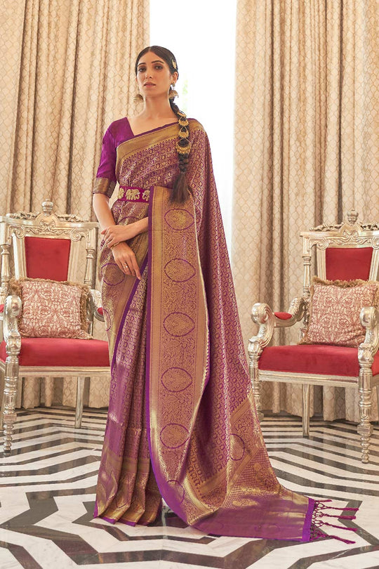 Abbey Violet Silk Handloom Weaving One Minute Saree
