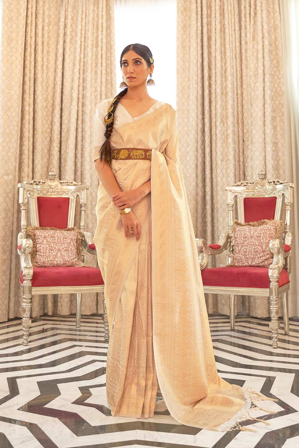 Abbey Beige Silk Handloom Weaving One Minute Saree