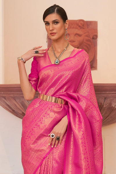 Abbey Bright Pink Silk Handloom Weaving One Minute Saree