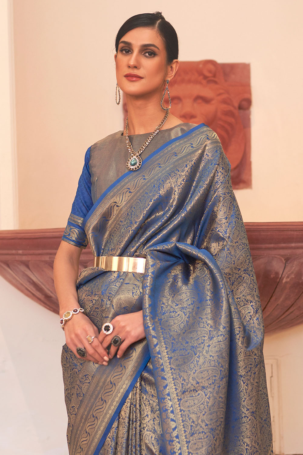 Abbey Blue Silk Handloom Weaving One Minute Saree