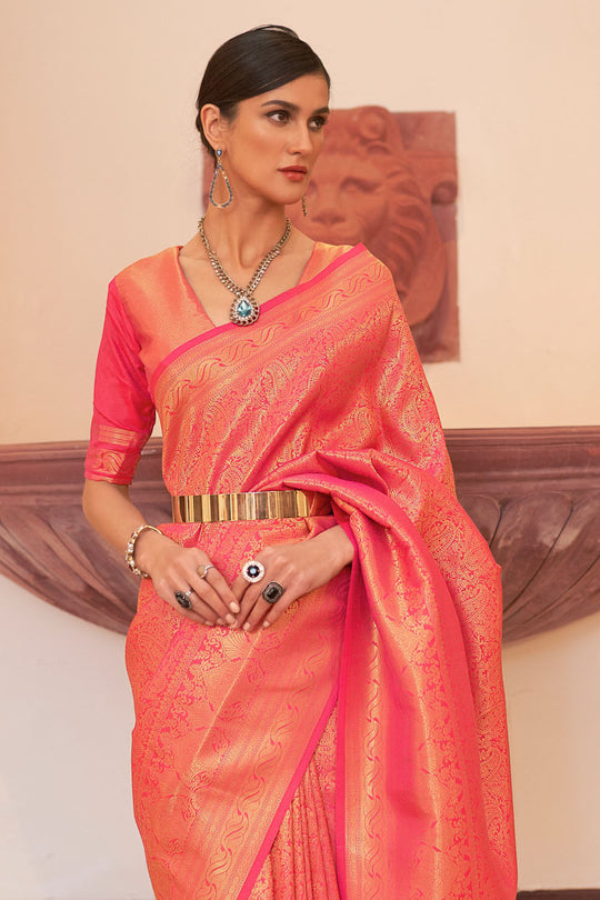 Abbey Peach Silk Handloom Weaving One Minute Saree