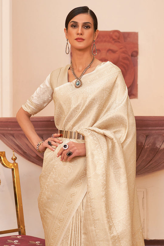 Abbey White Silk Handloom Weaving One Minute Saree