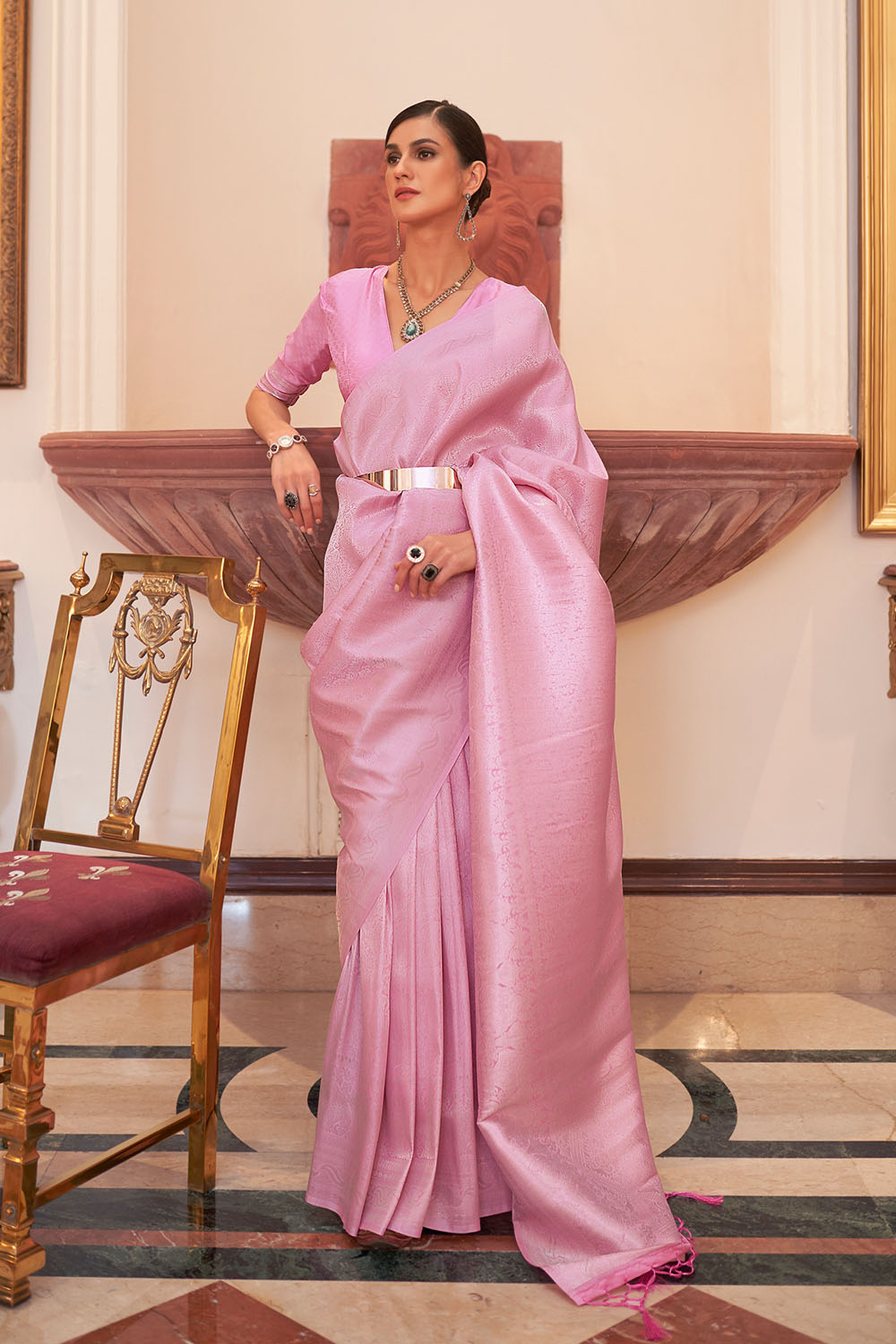 Abbey Light Pink Silk Handloom Weaving One Minute Saree