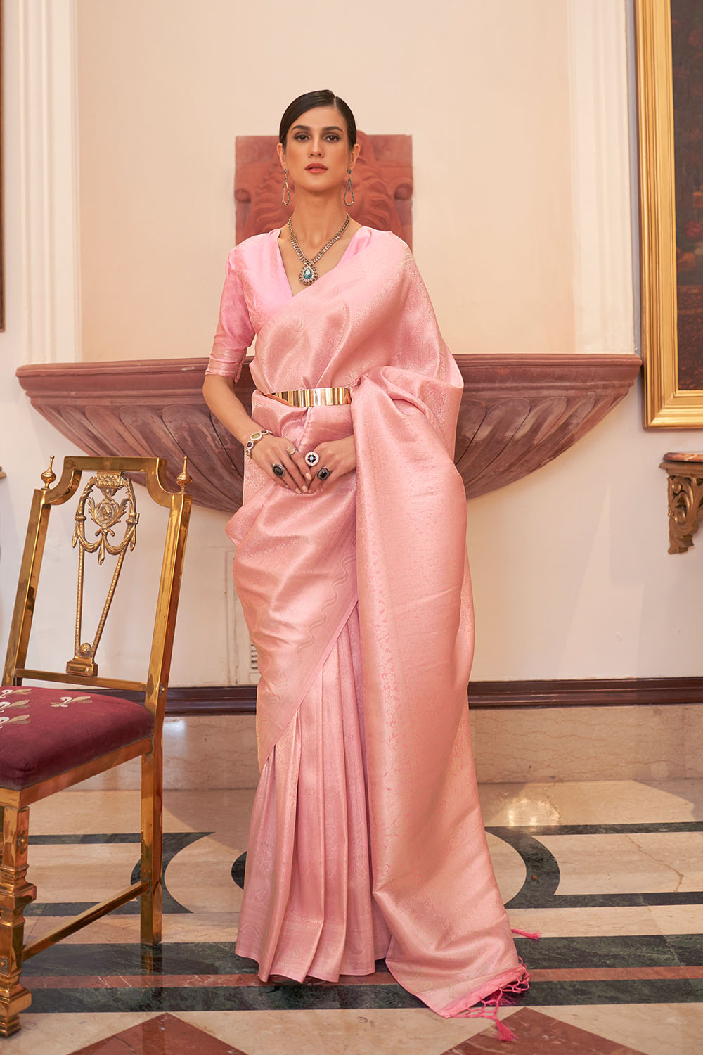 Abbey Light Peach Silk Handloom Weaving One Minute Saree