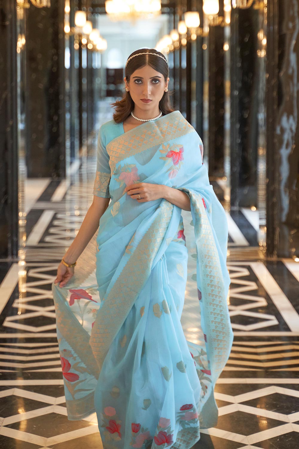 Nyssa Blue Linen Handloom One Minute Saree