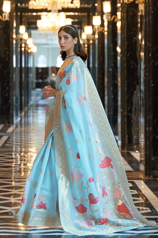 Nyssa Blue Linen Handloom One Minute Saree