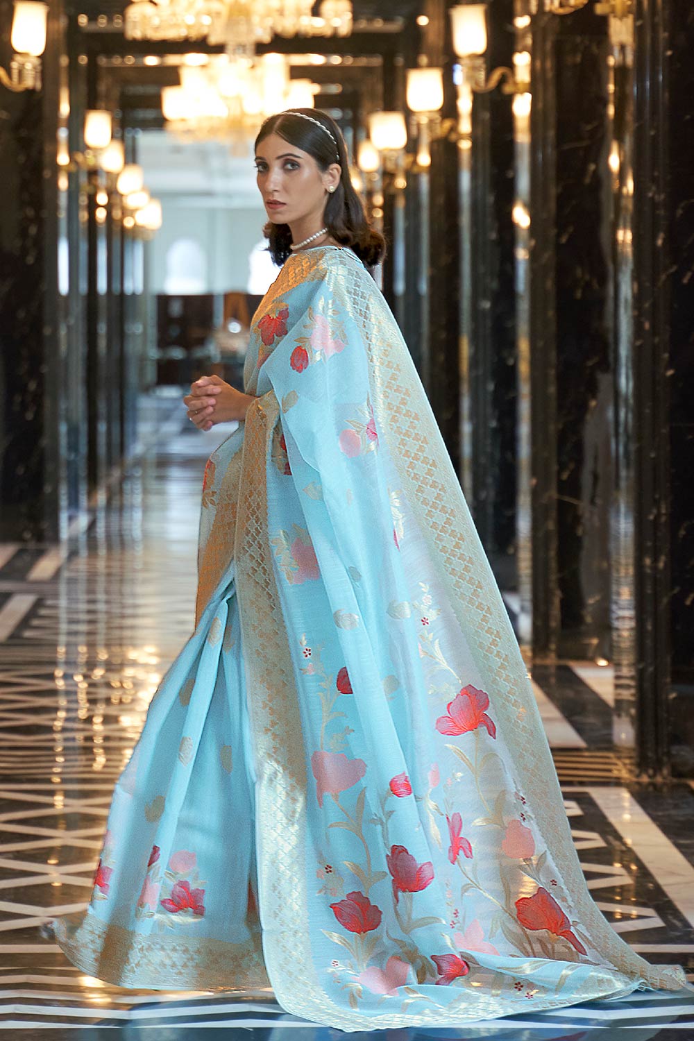 Nyssa Blue Linen Handloom One Minute Saree