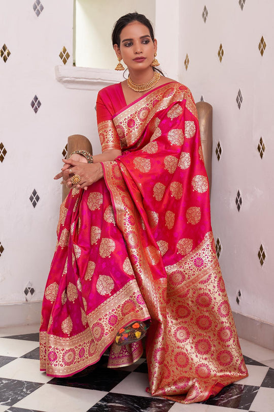 Anishka Dark Pink Satin Handloom Weaving One Minute Saree