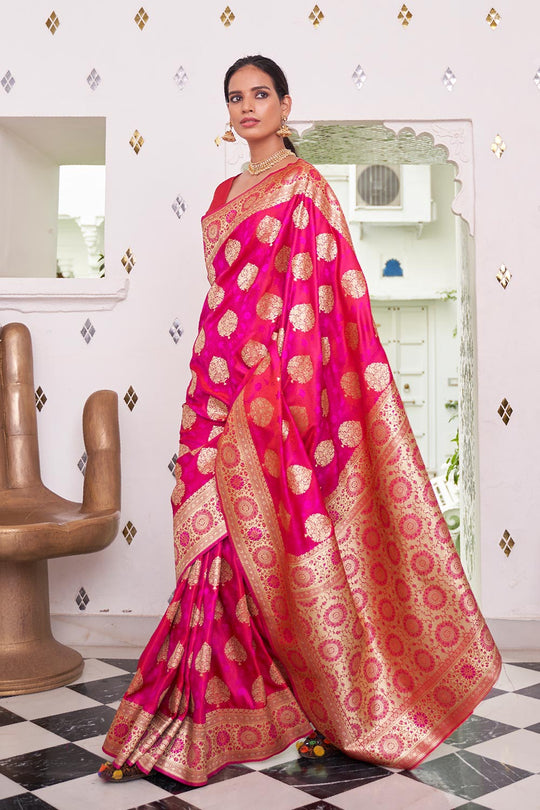 Anishka Dark Pink Satin Handloom Weaving One Minute Saree