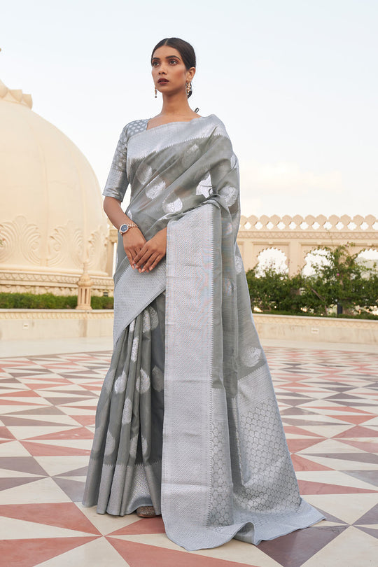 Aiya Grey Linen Handloom Weaving One Minute Saree