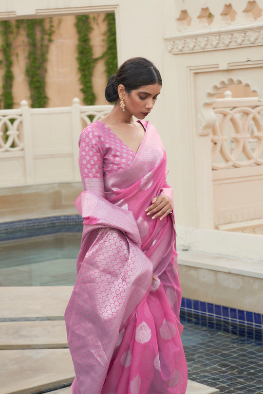 Aiya Pink Linen Handloom Weaving One Minute Saree