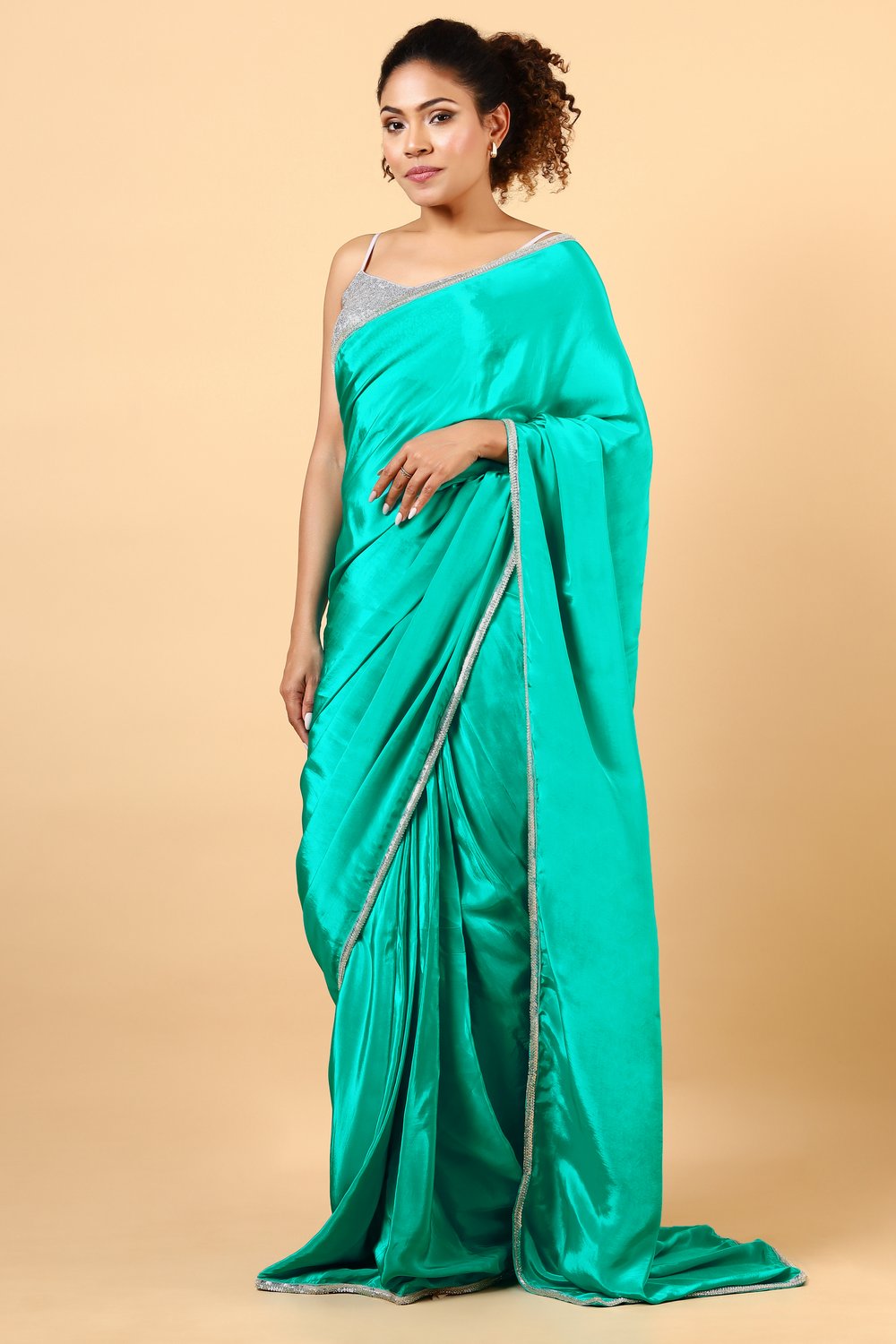Elina Turquoise Satin Embellished Border Saree Ready to Wear One Minute Saree