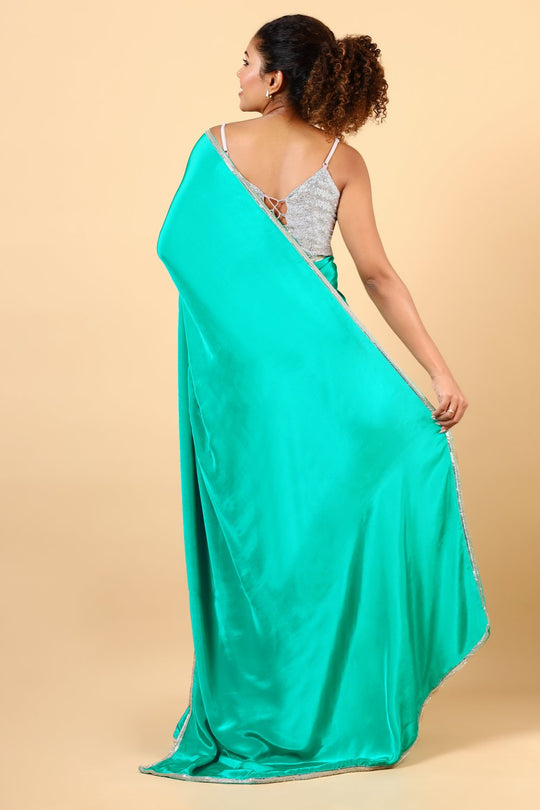 Elina Turquoise Satin Embellished Border Saree Ready to Wear One Minute Saree