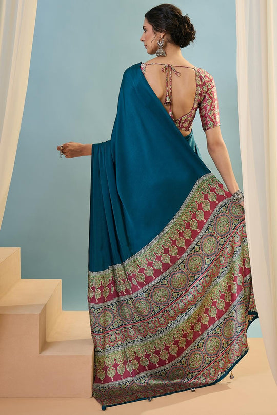 Aqila Blue Modal Ajrakh Printed Ready to Wear One Minute Saree