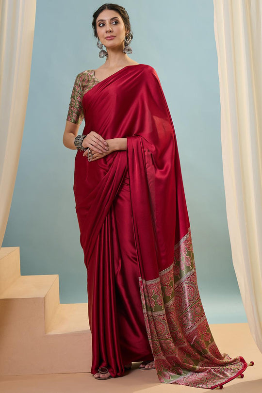Aqila Red Modal Ajrakh Printed Ready to Wear One Minute Saree