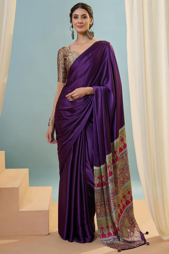 Aqila Purple Modal Ajrakh Printed Ready to Wear One Minute Saree