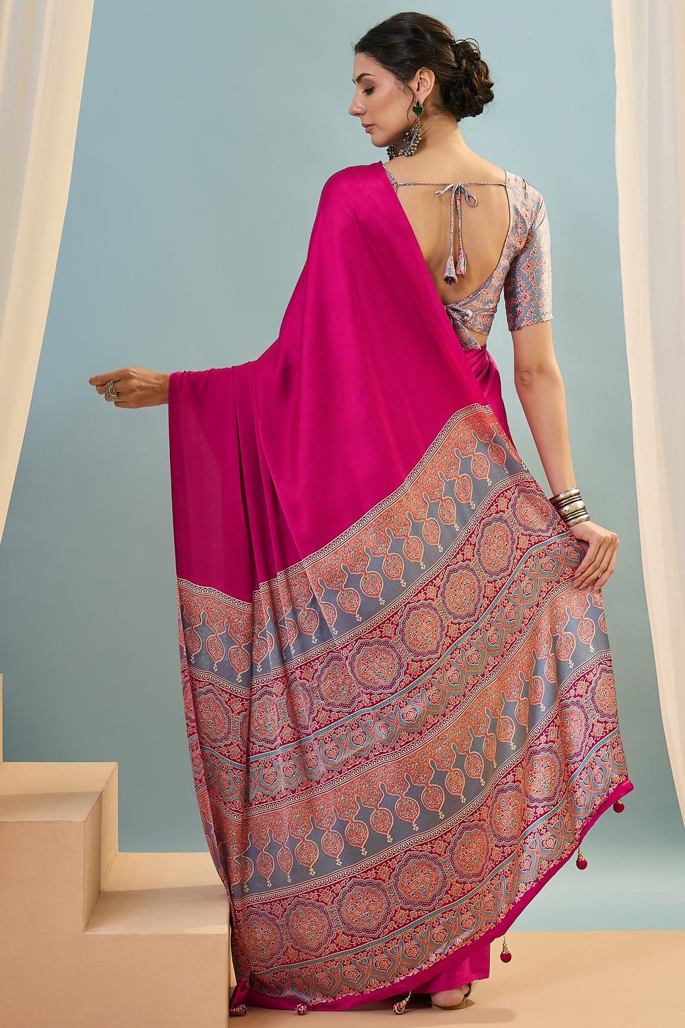 Aqila Pink Modal Ajrakh Printed Ready to Wear One Minute Saree
