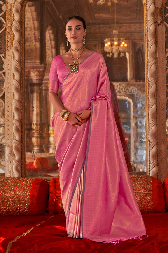 Shana Pink Silk Woven Ready to Wear One Minute Saree
