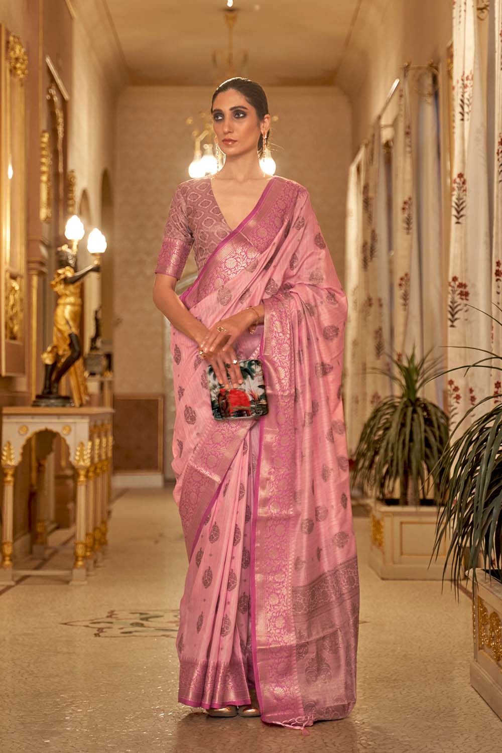 Kimaya Pink Weaving Silk One Minute Saree