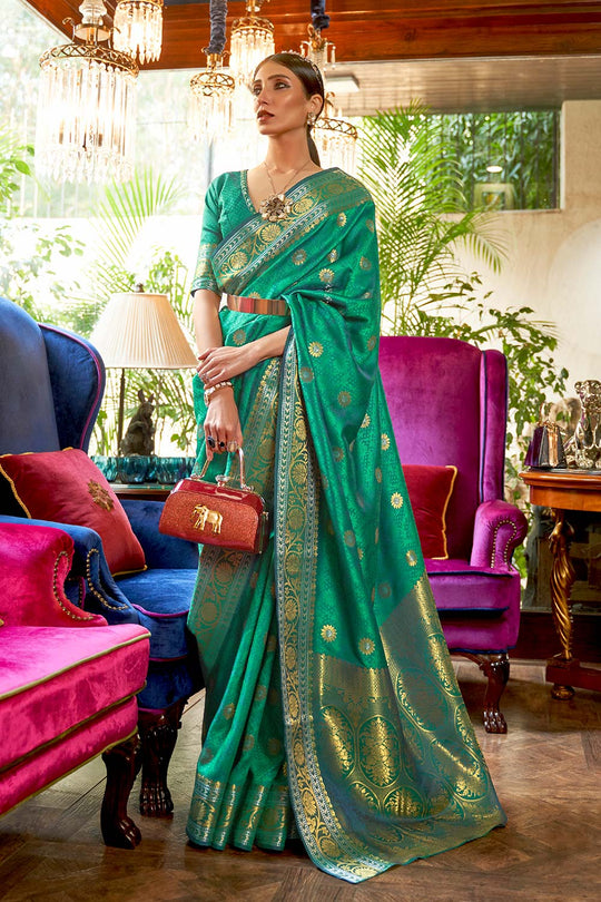 Kallavi Green Weaving Silk One Minute Saree