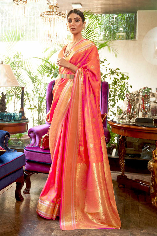 Kallavi Peach Weaving Silk One Minute Saree