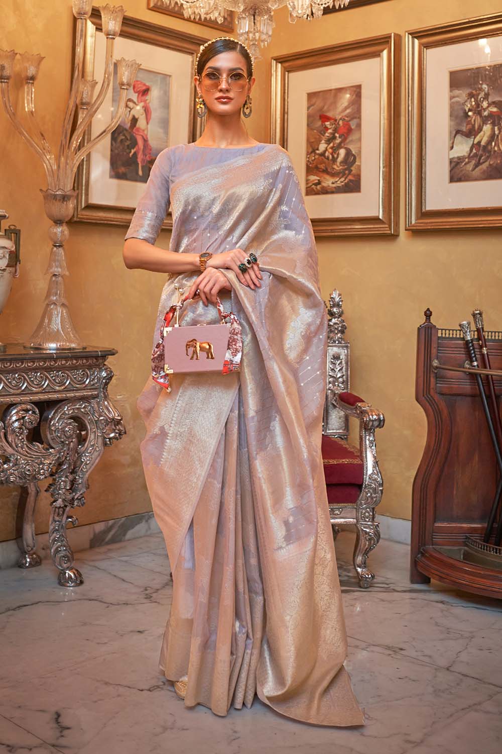 Korin Stone Grey Modal Silk Zari & Sequins One Minute Saree