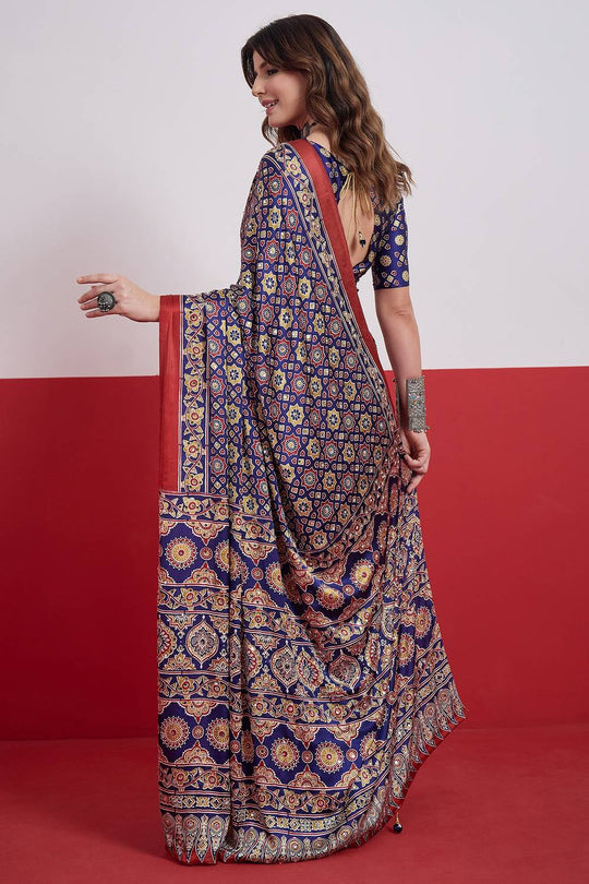 Evita Navy Blue and Red Ajrakh Printed Semi Modal Mirror Work Ready to Wear Saree