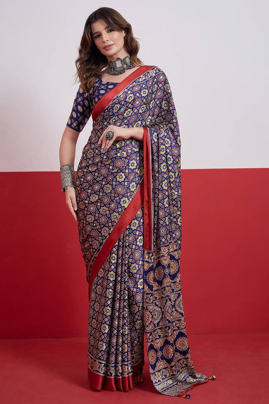 Evita Navy Blue and Red Ajrakh Printed Semi Modal Mirror Work Ready to Wear Saree