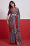 Evita Navy Blue and Red Ajrakh Printed Semi Modal Mirror Work Ready to Wear Saree
