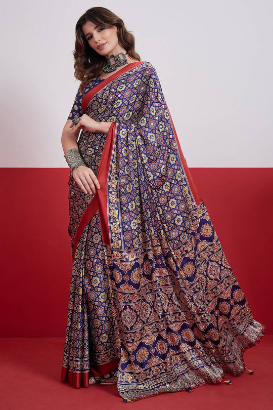 Evita Navy Blue and Red Ajrakh Printed Semi Modal Mirror Work Ready to Wear Saree