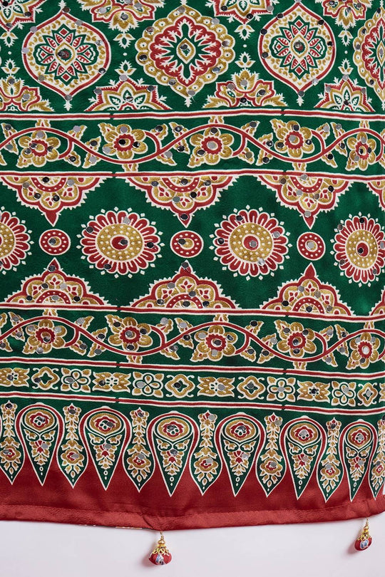 Evita Green and Red Ajrakh Printed Semi Modal Mirror Work Ready to Wear Saree