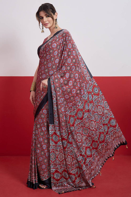 Evita Red and Black Ajrakh Printed Semi Modal Mirror Work Ready to Wear Saree