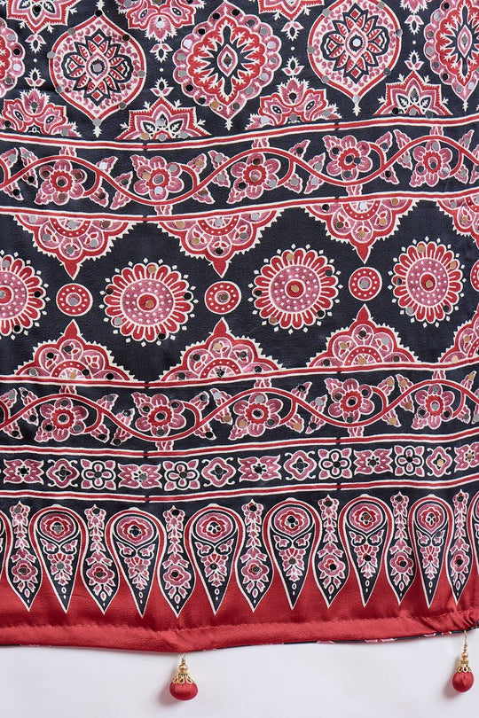 Evita Black and Red Ajrakh Printed Semi Modal Mirror Work Ready to Wear Saree