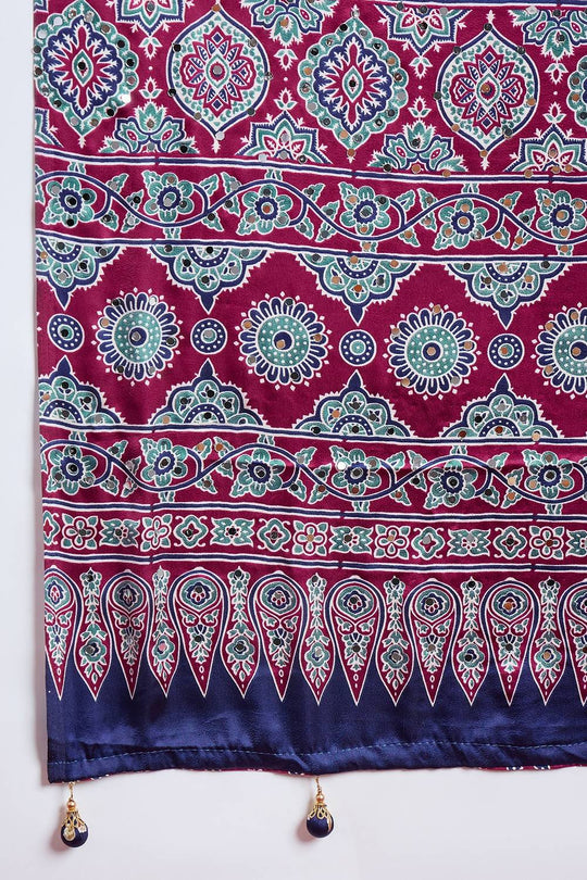 Evita Wine and Navy Blue Ajrakh Printed Semi Modal Mirror Work Ready to Wear Saree