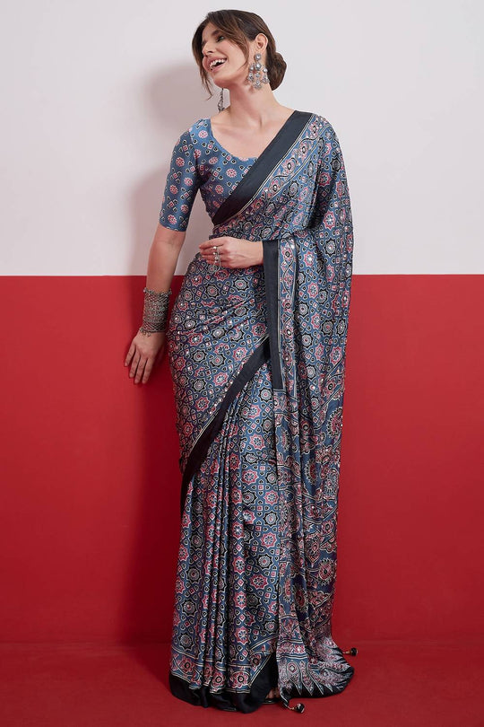 Evita Powder Blue and Black Ajrakh Printed Semi Modal Mirror Work Ready to Wear Saree
