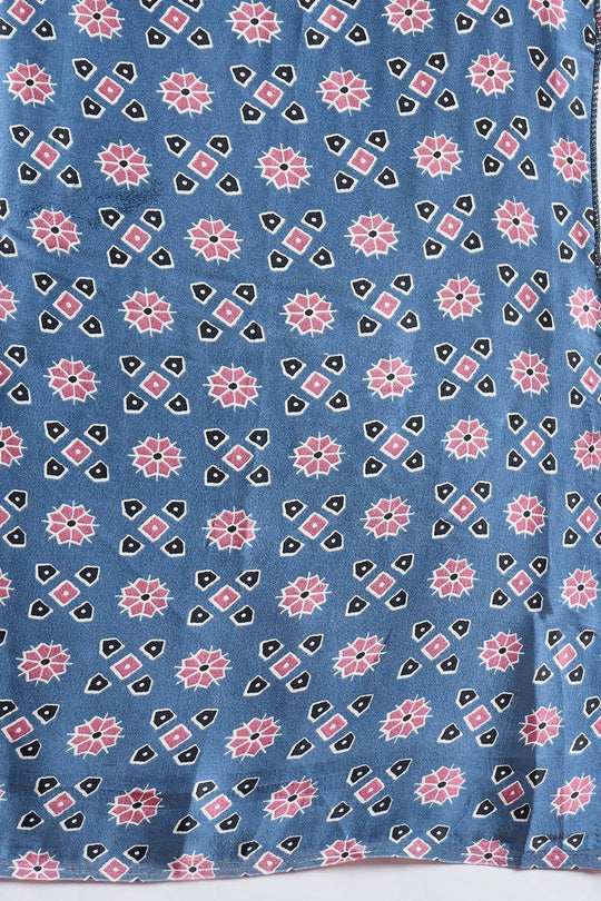 Evita Powder Blue and Black Ajrakh Printed Semi Modal Mirror Work Ready to Wear Saree