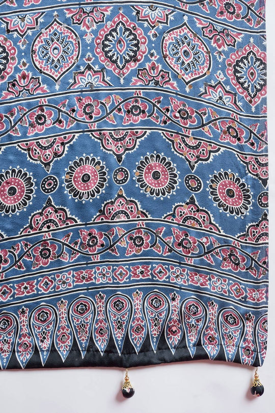Evita Powder Blue and Black Ajrakh Printed Semi Modal Mirror Work Ready to Wear Saree