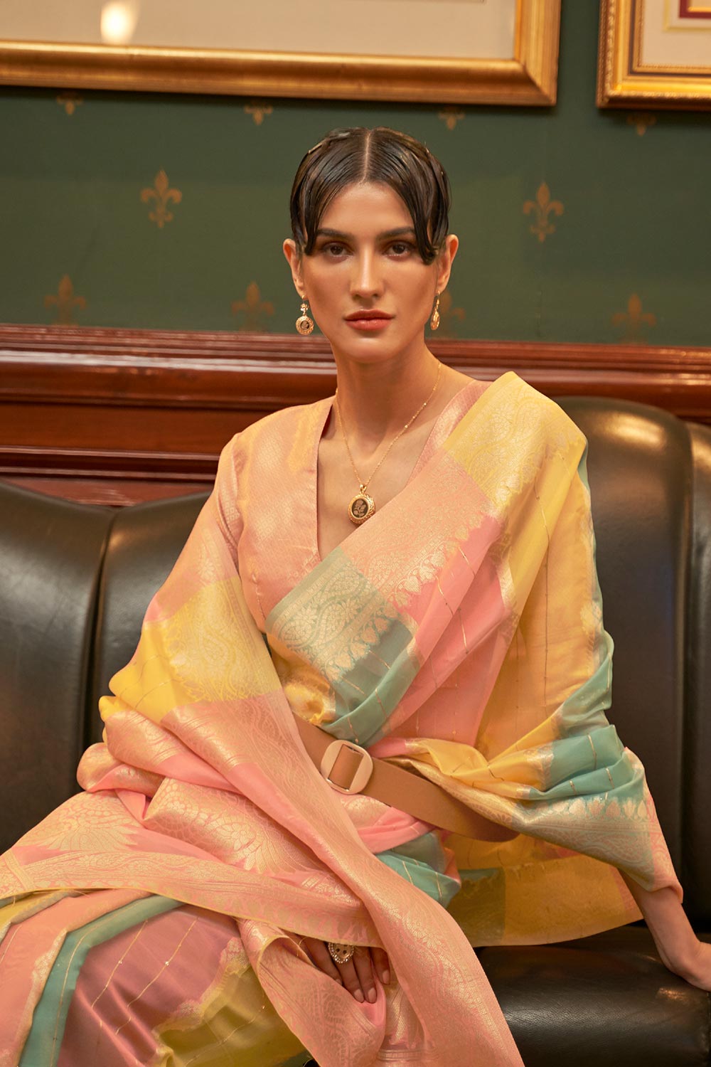 Gabriella Yellow Multi Color Sequins Organza One Minute Saree
