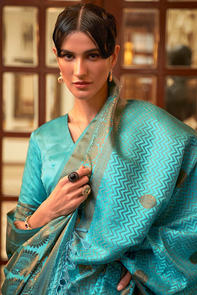 Hazel Blue Weaving Satin Silk One Minute Saree