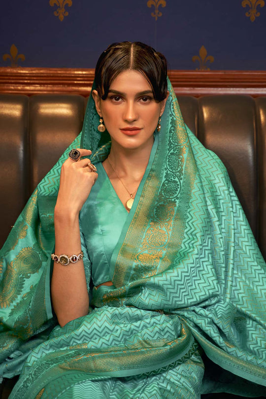 Hazel Green Weaving Satin Silk One Minute Saree