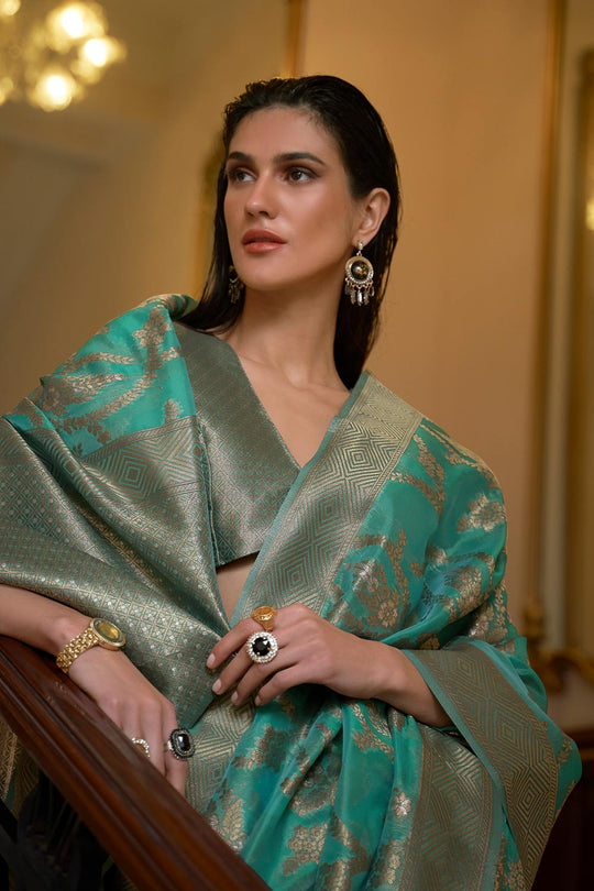 Keesha Green Two Tone Organza Weave One Minute Saree